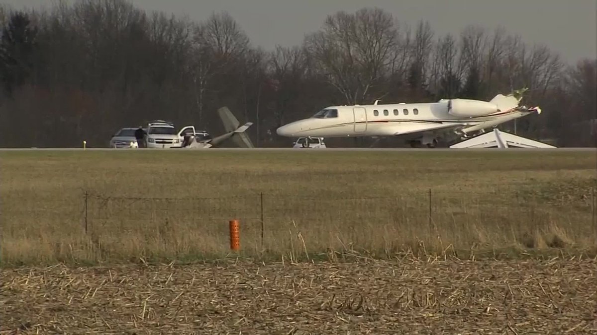 Two people were killed Monday in a crash involving two small airplanes at an Indiana airport. It happened at the Marion Municipal Airport when a single engine Cessna 150 was taking off and clipped the tail of a larger Cessna Citation Jet 525 that had just landed.