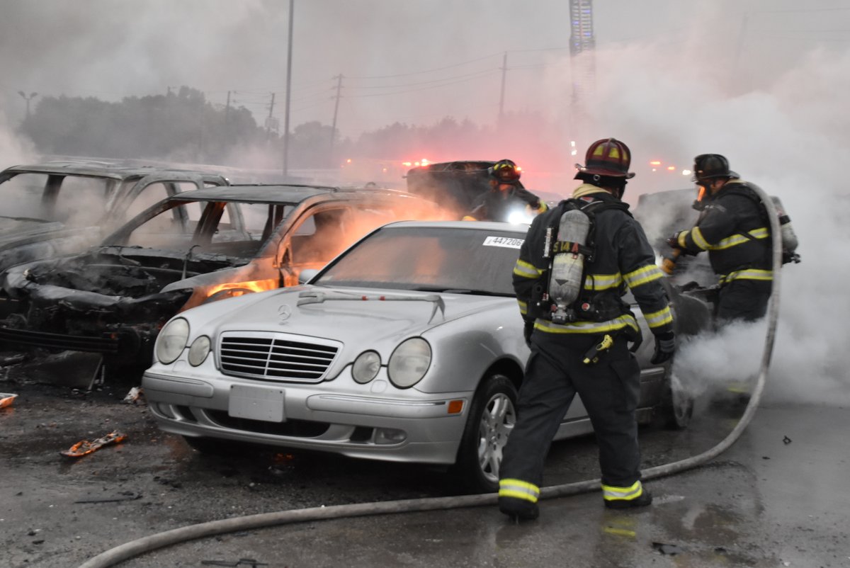 Crews mark Copart Salavge Yard blaze under control in 1 hour 9 minutes after dispatch.  Labor intesive effort to get water on the fire as over 3000 feet of supply line laid to establish water supply and pumping operations