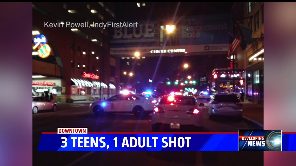 Three teenagers and one adult were shot just before midnight in a busy area in downtown Indianapolis. All are expected to survive. Police believe a 16-year-old is responsible for the shooting. So far no arrests have been made.   