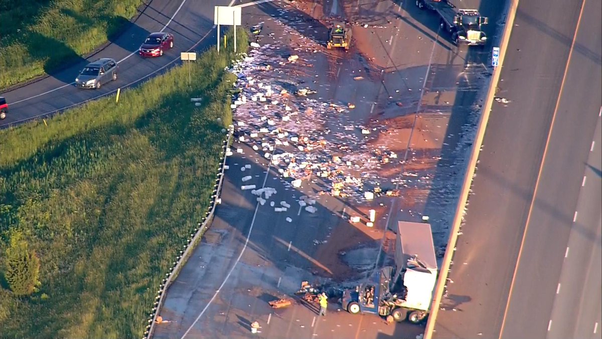 EB I-94: All lanes will remain CLOSED at US-20 for several hours, as crews clean-up this jacknifed semi that spilled baking cocoa. 