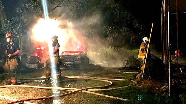 Scene of a fire in the 10000 block of Broadway in Vanderburgh County. A firefighter was injured during the incident and hospitalized