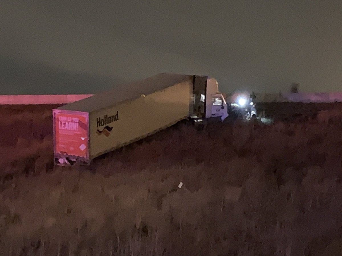 State Police investigating a semi that drove off the ramp of the north split to I-65 North into an embankment that leads to I-70 East. Driver being treated by medics now.