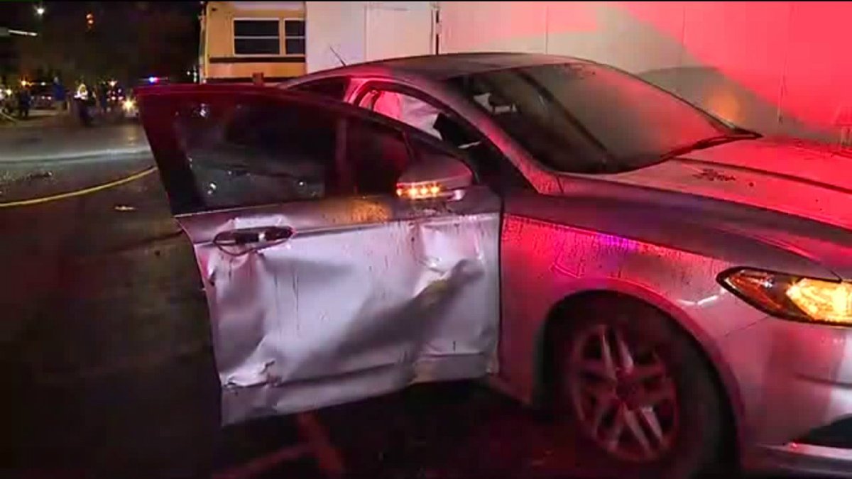 The school bus crashed all the way into a building on the east side at E 16th St and N Emerson Ave. A silver car was also involved in the crash