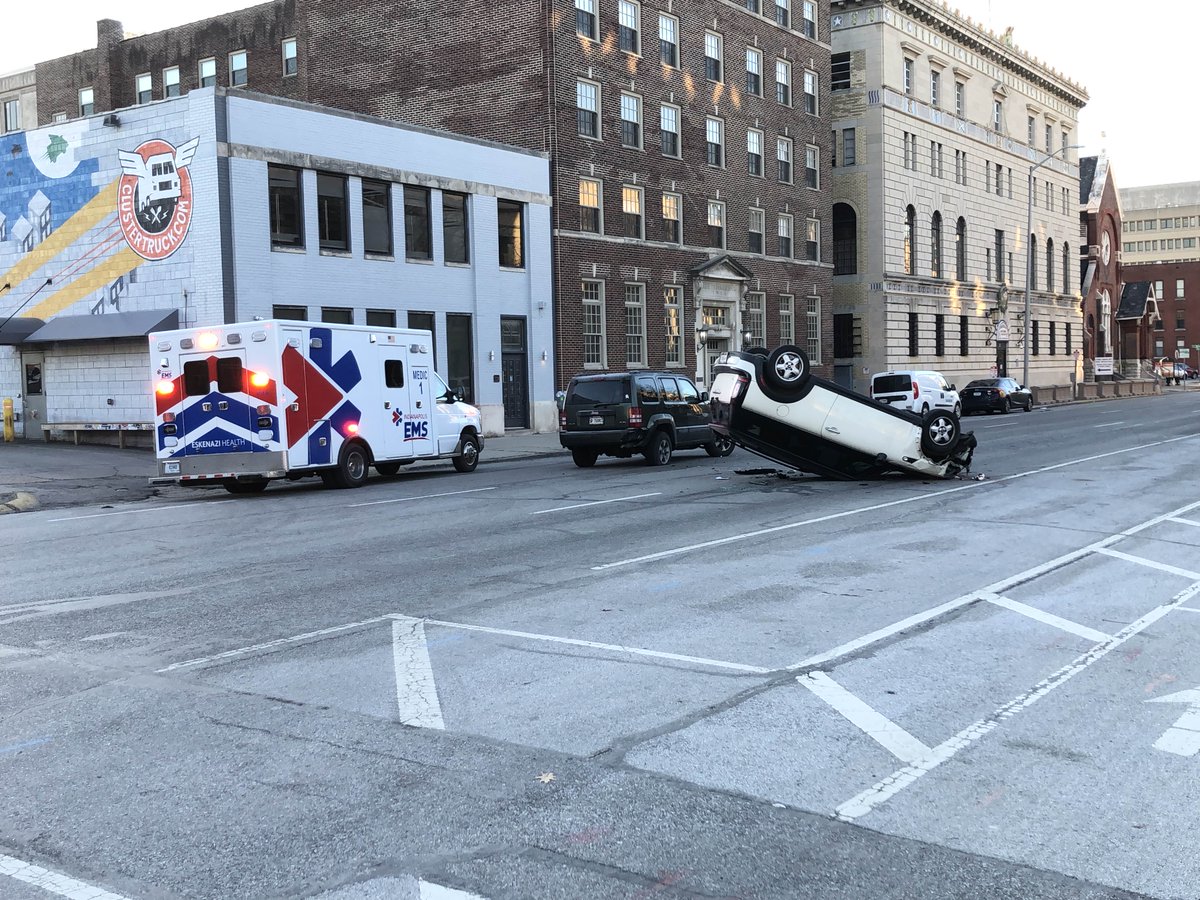 A 3 car crash in downtown has lead to a flipped car &amp; a blocked street. IMPD tells no one was hurt, and that Pennsylvania St will stay blocked at 10th until the scene is cleared