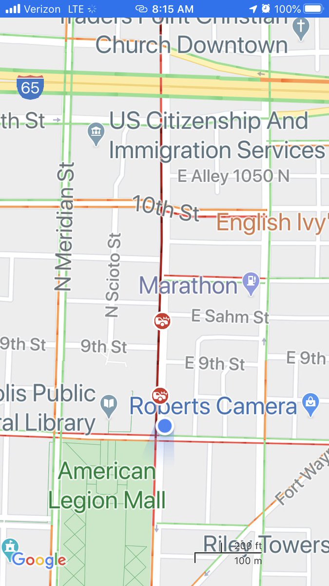 A 3 car crash in downtown has lead to a flipped car &amp; a blocked street. IMPD tells no one was hurt, and that Pennsylvania St will stay blocked at 10th until the scene is cleared
