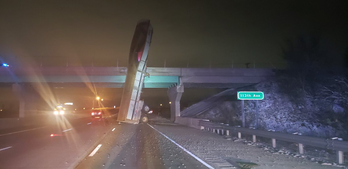 This crash from overnight on NB I-65 near Crown Point after a semi's trailer hit the overpass.   Indiana State Police say the bridge has been inspected and is OK. All lanes are back open