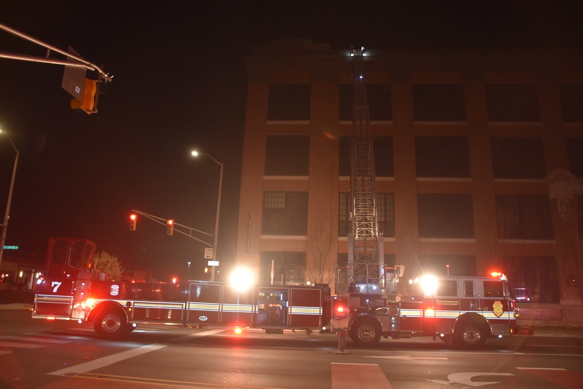 Over 100 evacuate after heavy fire breaks out on top of 800 Cap apartment building at 800 N Capitol Ave.  Blaze contained to 60 x 40 composite wood deck with  no extension.  Firefighters mark under control in 40 minutes with  use of aerial ladders & high rise packs for attack