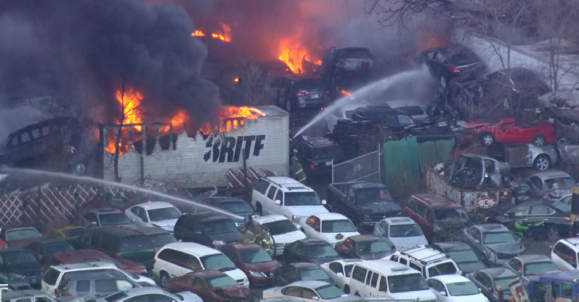 The Gary Fire Department says this fire is at a towing and scrapyard facility and is not near any residents