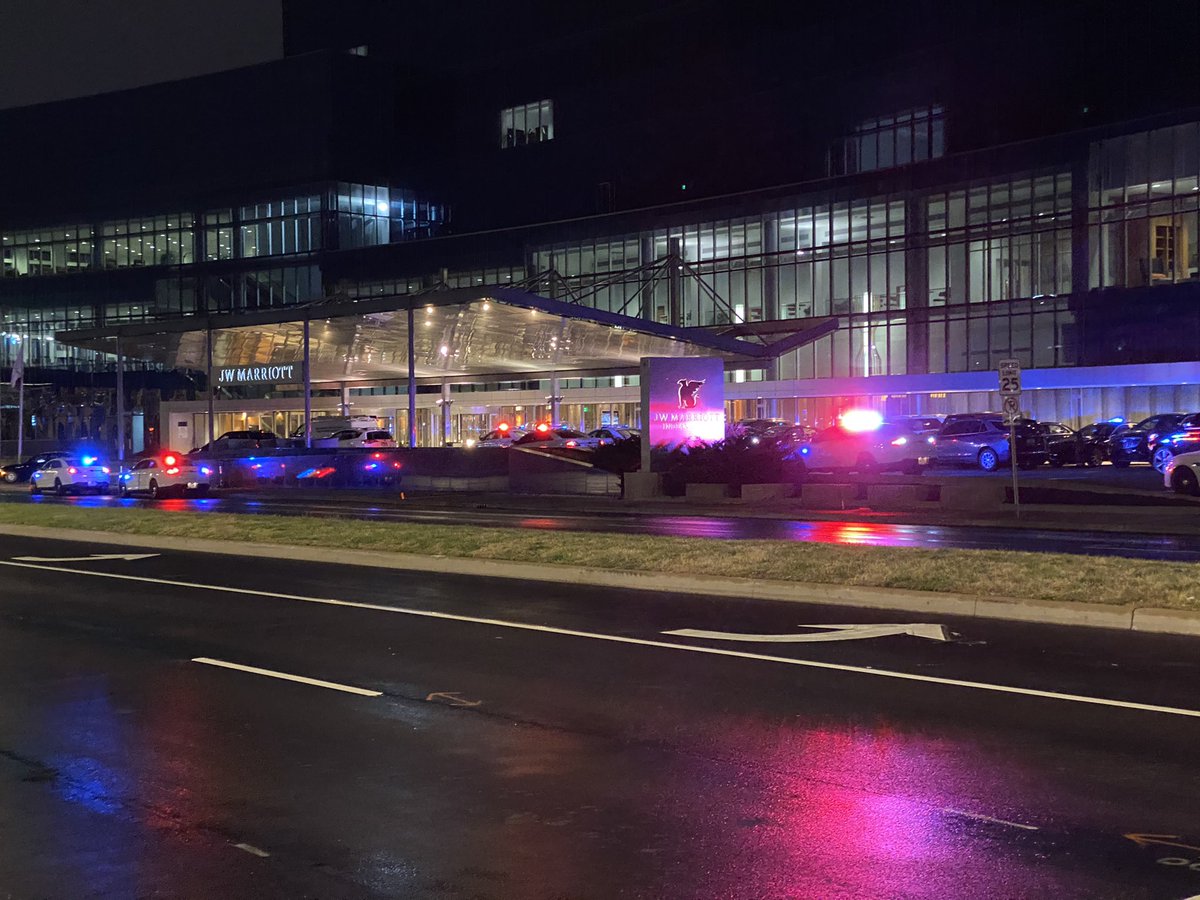 IMPD on scene of a homicide at the JE Marriott downtown. Officers found a female deceased in a room on the 20th from gunshot wounds. They say a fight broke out before the shooting, and they are still searching for a suspect