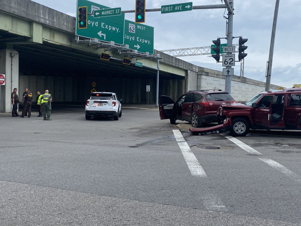 Police pursuit ends in crash at First Avenue and Division Street in Evansville. Heavy police presence in the area