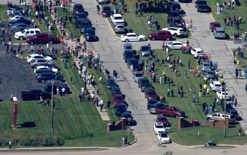 Lake Central High School parents are gathering at a nearby funeral home after high school was placed on lockdown due to reports of active shooter.  Nobody was injured. Two in custody