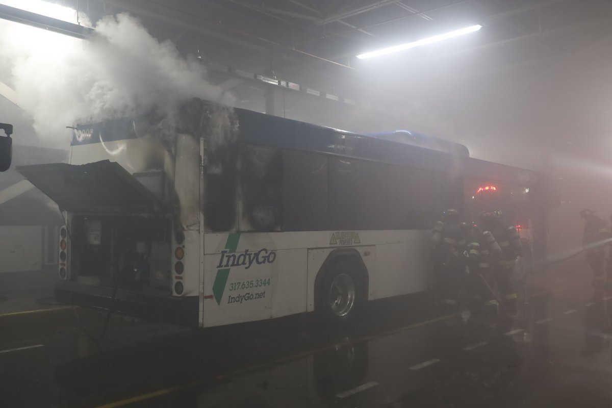 11:59 PM IFD FF's made quick work of a fire on an @IndyGoBus bus housed in the garage at 1501 W Washington St.  Workers noticed smoke coming from the plugged in vehicle, evacuated the structure & called 911.  No injuries and all employees accounted for. Unclear on the cause