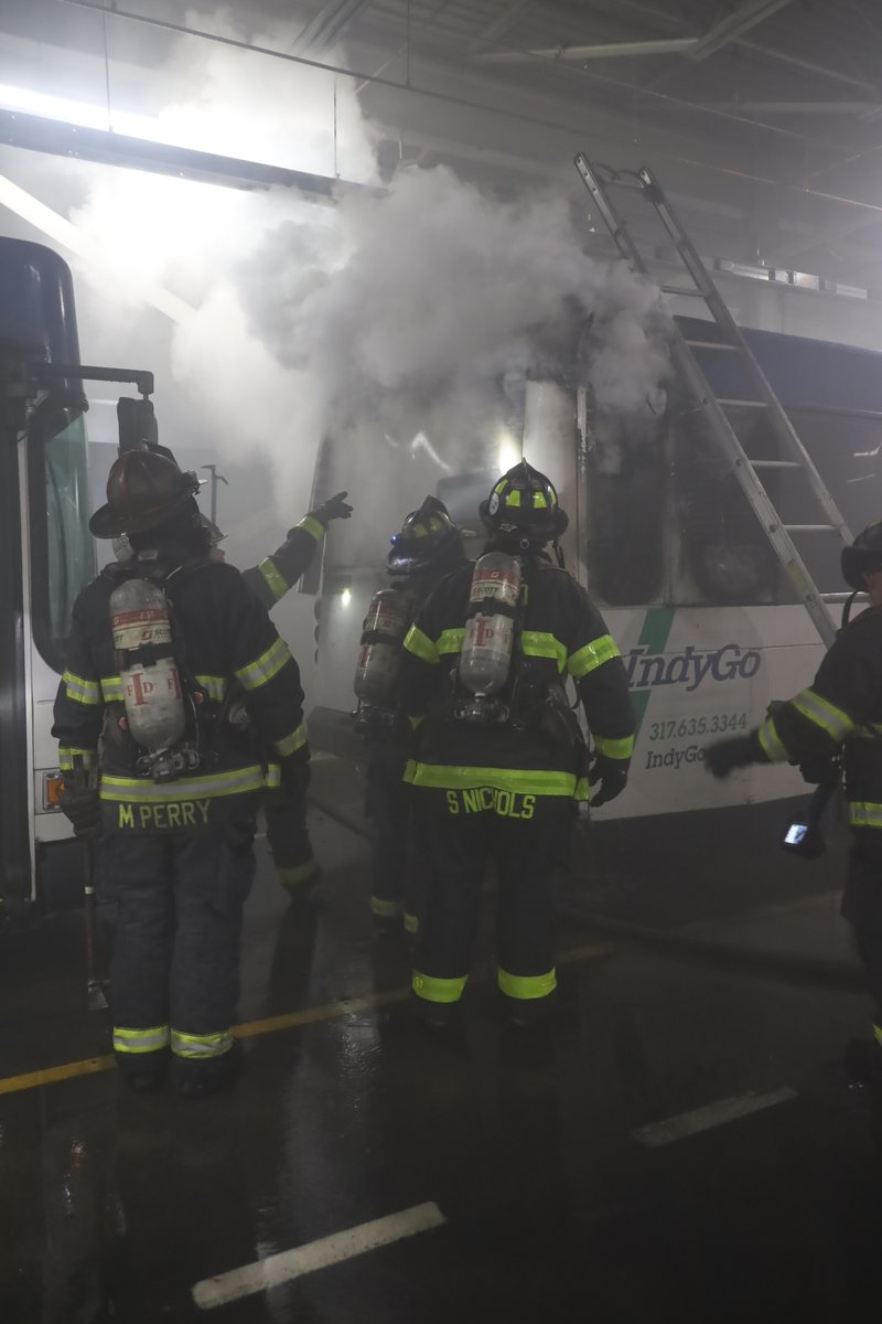 11:59 PM IFD FF's made quick work of a fire on an @IndyGoBus bus housed in the garage at 1501 W Washington St.  Workers noticed smoke coming from the plugged in vehicle, evacuated the structure & called 911.  No injuries and all employees accounted for. Unclear on the cause