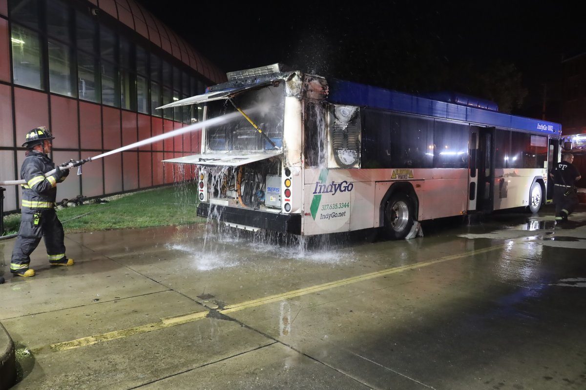 11:59 PM IFD FF's made quick work of a fire on an @IndyGoBus bus housed in the garage at 1501 W Washington St.  Workers noticed smoke coming from the plugged in vehicle, evacuated the structure & called 911.  No injuries and all employees accounted for. Unclear on the cause