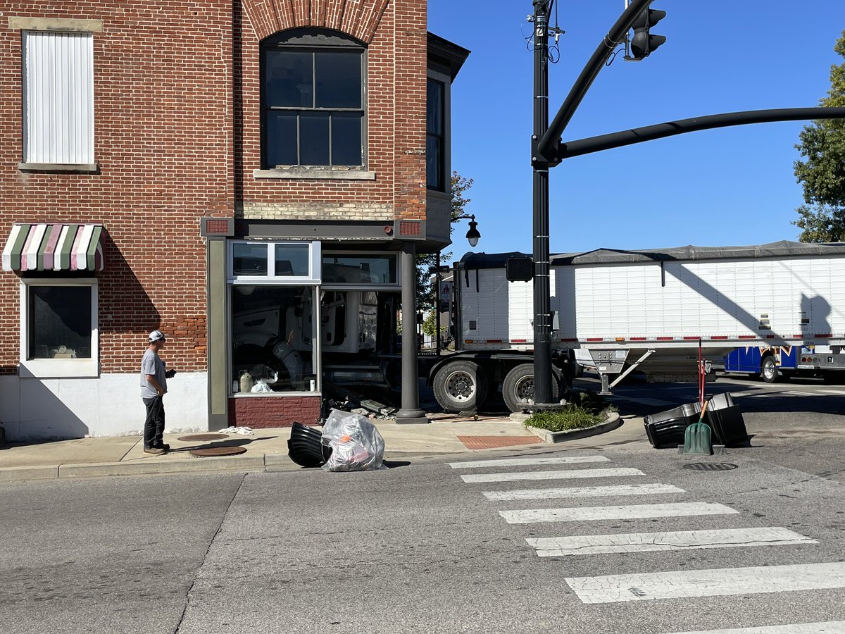 Princeton where a semi has crashed into the entrance of Susan Bobe's pizza 