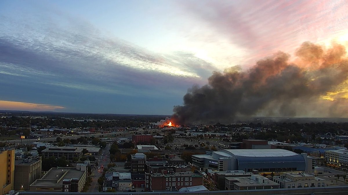 Massive warehouse fire continues to burn near the intersection of Highway 41 in the Lloyd Expressway in Evansville as seen by our tower camera in downtown