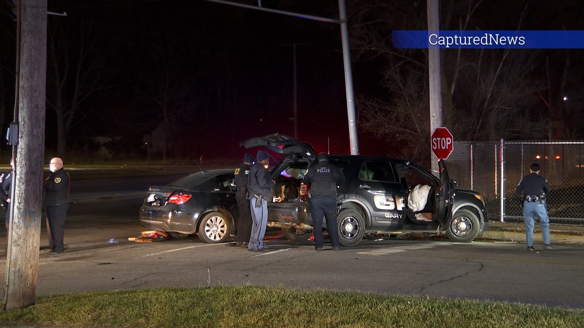 GARY, IN: @GaryPolice  squad was struck by a fleeing vehicle near 35TH & MLK Dr during a pursuit. Fleeing vehicle crashed into the Gary squad hospitalizing both Officer's. Suspect in custody. 