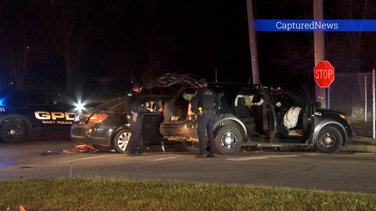 GARY, IN: @GaryPolice  squad was struck by a fleeing vehicle near 35TH & MLK Dr during a pursuit. Fleeing vehicle crashed into the Gary squad hospitalizing both Officer's. Suspect in custody. 