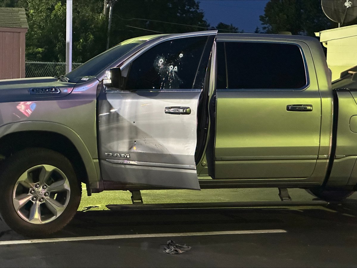 Indiana State Police investigating a road rage shooting on Indy's west side. Actual shooting happened on I-465 and the victim pulled into this gas station. Truck is riddle with bullet holes.