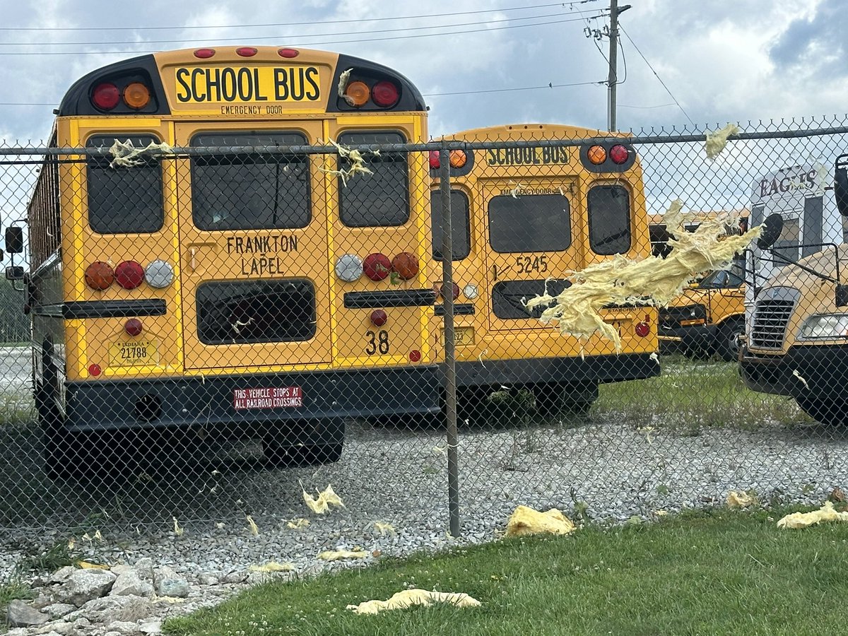 Crews that a tornado touched down here in Perkinsville last night. This is near W County Road 300 North and North County Road 800 West. MADISON COUNTY STORM DAMAGE: Frankton Lapel Community Schools Administration Building Several school buses At least two homes  