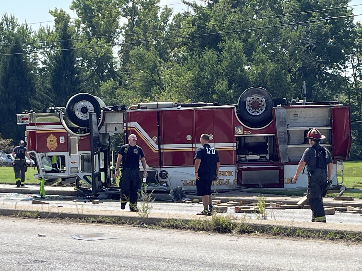 Four firefighters were transported to the hospital after their fire truck overturned Saturday morning