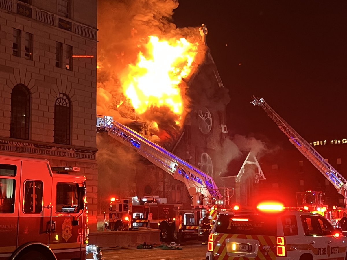 Crews are battling a massive fire at The Sanctuary on Penn near the intersection of North Pennsylvania and East Walnut streets in downtown Indianapolis