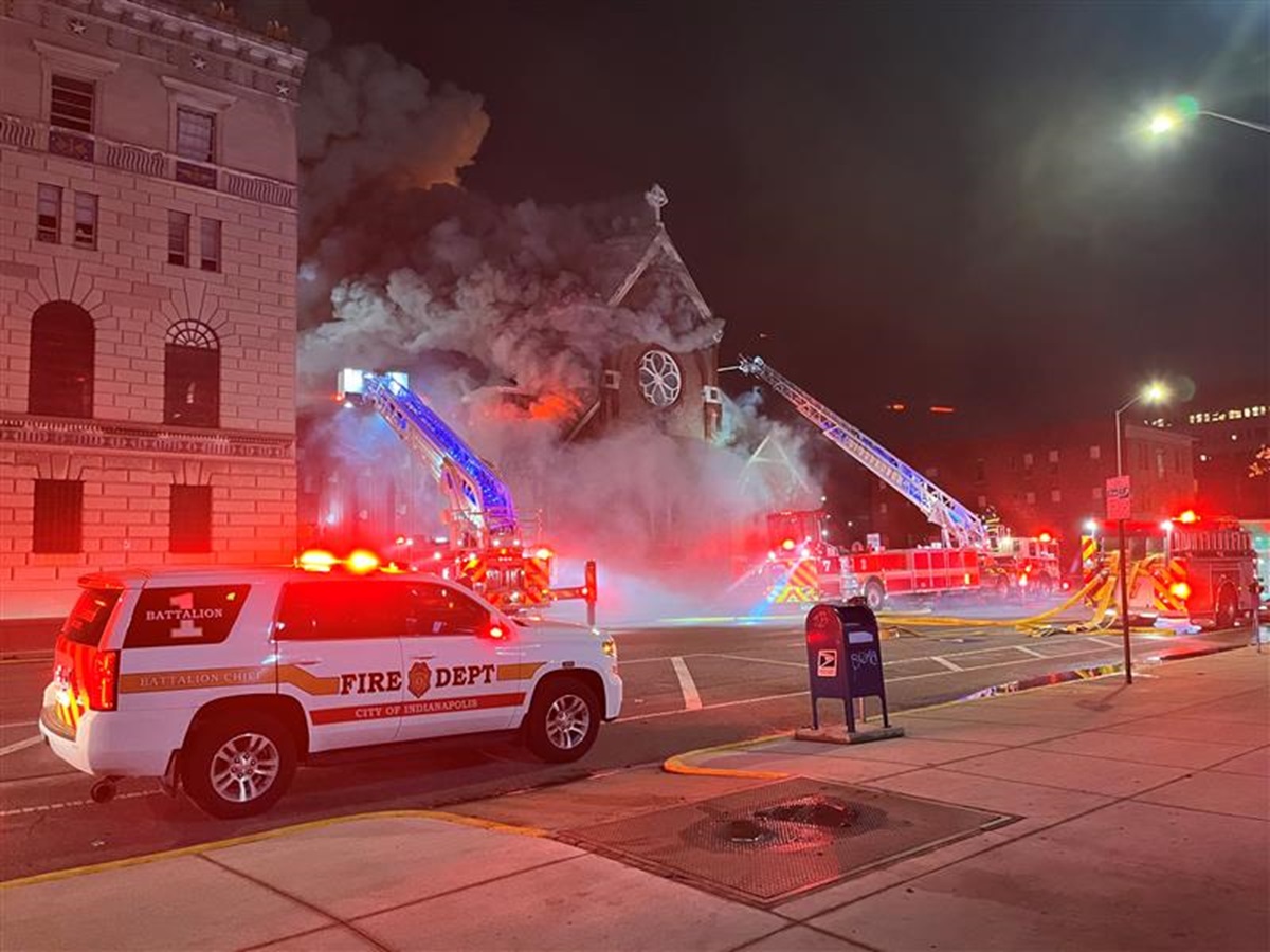 Crews are battling a massive fire at The Sanctuary on Penn near the intersection of North Pennsylvania and East Walnut streets in downtown Indianapolis