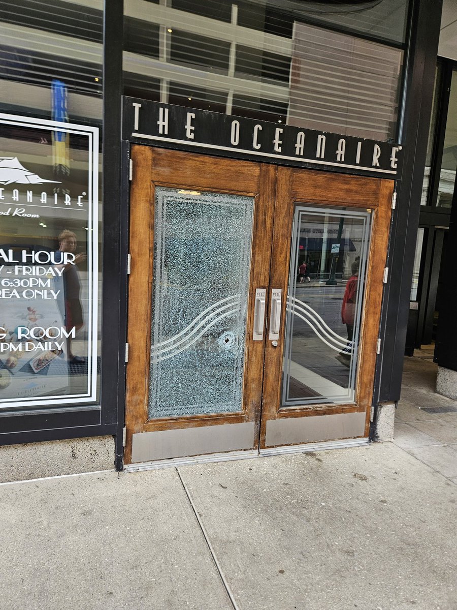 Shots fired downtown early this morning.  one person was hit along with at least 2 businesses. A person shot in the area of 14 E Washington Street. When officers got there they didn’t find anyone, but a short time later an adult male victim showed up to the hospital from this scene. 
This morning police and residents have found multiple shell casings and bullet holes in Oceanaire and Starbucks. 