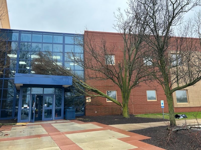 Damage from storms at Tri-West High School in Lizton, Indiana, this morning