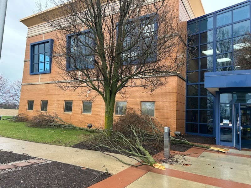 Damage from storms at Tri-West High School in Lizton, Indiana, this morning
