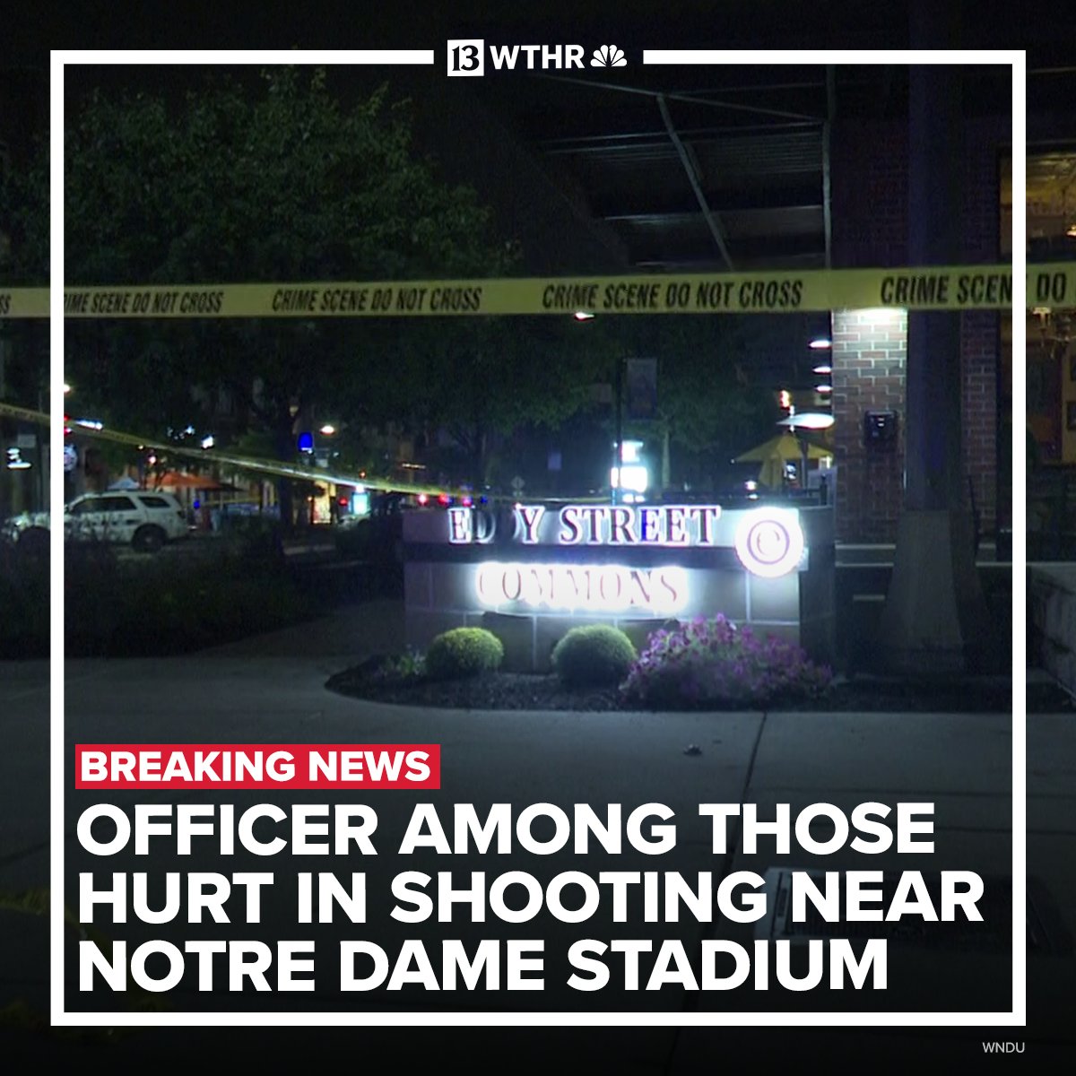 Police in South Bend said an officer was injured in a shooting Saturday night near Notre Dame Stadium during a Fighting Irish football game. A woman was also shot during the incident while another person was injured during a fight.